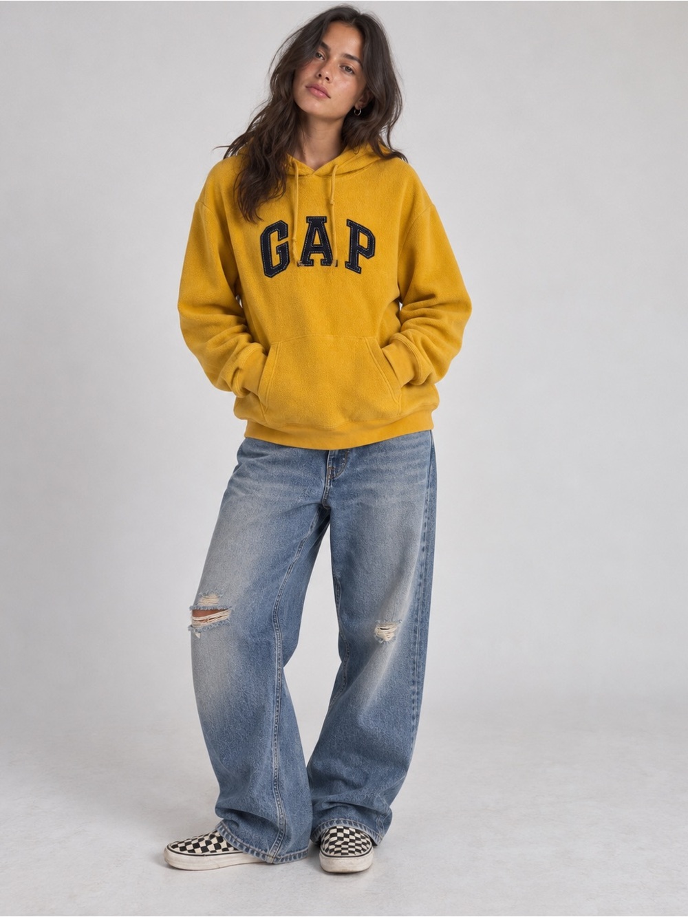 Vintage 2005 Y2K GAP M Mustard Yellow Fleece Logo Hoodie Varsity Oversized
